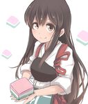  akagi_(kantai_collection) brown_eyes brown_hair chewing eating hakama hishimochi japanese_clothes kantai_collection long_hair looking_at_viewer muneate red_hakama sketch solo tokoi 