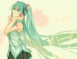  39 bare_arms bare_shoulders cowboy_shot green_eyes green_hair hatsune_miku headphones heart kirisawa_saki long_hair sleeveless solo very_long_hair vocaloid 