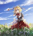  black_shirt blonde_hair blue_eyes blue_sky bow cloud collar day field flower hair_ribbon hand_on_own_cheek highres lily_of_the_valley long_skirt medicine_melancholy open_mouth puffy_short_sleeves puffy_sleeves red_skirt ribbon ribbon-trimmed_clothes ribbon-trimmed_skirt ribbon-trimmed_sleeves ribbon_trim shirt short_hair short_sleeves skirt sky smile solo standing sunlight teeth touhou wind zhu_xiang 