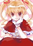 biscuit_krueger blonde_hair capelet chiyo_(rotsurechiriha) dress drill_hair frills gloves hair_ribbon hand_on_own_cheek hunter_x_hunter long_hair looking_at_viewer red_eyes ribbon smile solo twintails white_gloves 