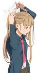  adjusting_hair arm_up bad_id bad_twitter_id blush brown_hair copyright_name elle_mel_martha green_eyes hair_tie hand_in_hair highres long_sleeves mouth_hold necktie number older shirt solo tales_of_(series) tales_of_xillia tales_of_xillia_2 umishima_senbon white_background wing_collar 