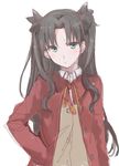  aqua_eyes black_hair blush coat fate/stay_night fate_(series) hand_on_hip kirisawa_saki long_hair looking_at_viewer red_coat simple_background solo toosaka_rin two_side_up white_background 