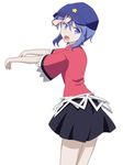  blue_eyes blue_hair cato_(monocatienus) cowboy_shot d: hair_ornament hat looking_at_viewer miniskirt miyako_yoshika ofuda open_mouth outstretched_arms pale_skin short_hair skirt solo star star_hair_ornament touhou tsurime zombie_pose 