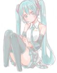  blush detached_sleeves green_hair hatsune_miku kirisawa_saki long_hair looking_at_viewer necktie simple_background skirt solo thighhighs twintails very_long_hair vocaloid white_background 