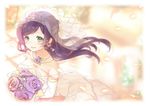  1girl blush dress female flower gloves green_eyes happy headdress jewelry long_hair love_live!_school_idol_project purple_hair royal royalty sakura_mochi sakuramochi sakuramochi_n solo toujou_nozomi wedding wedding_dress 