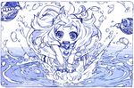  :d blue dress floating_fortress_(kantai_collection) horns kantai_collection long_hair looking_at_viewer mittens monochrome northern_ocean_hime open_mouth sakino_shingetsu shinkaisei-kan sketch smile solo water white_dress white_hair white_skin 