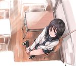  black_hair blush desk from_above kirisawa_saki looking_at_viewer looking_up original school_desk school_uniform serafuku solo 