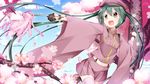  cherry_blossoms cloud day green_hair hat hatsune_miku highres inumine_aya long_hair navel open_mouth outstretched_arm peaked_cap senbon-zakura_(vocaloid) skirt sky solo thighhighs tree twintails very_long_hair vocaloid 