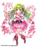 :o boots box capelet copyright_name full_body green_hair heart heart-shaped_box heart-shaped_pupils highres long_hair looking_at_viewer one_side_up purple_eyes renta_(deja-vu) scarf solo symbol-shaped_pupils thighhighs thousand_memories white_background 