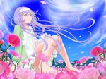  barefoot closed_eyes day dress flower hairband long_hair original petals purple_hair sitting sky smile solo tyawan_(tyotoko) 