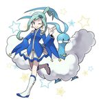  altaria alternate_costume aqua_eyes aqua_hair asymmetrical_hair boots earrings gen_3_pokemon hair_ornament hairclip idol jewelry long_hair lucia_(pokemon) mizu_(47ssn) official_style one_eye_closed pokemon pokemon_(creature) pokemon_(game) pokemon_oras ponytail showgirl_skirt sidelocks skirt skirt_set star star_earrings starry_background v 