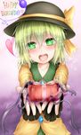  akkii_(meragold) bad_id bad_pixiv_id blush bow box green_eyes green_hair happy_birthday hat hat_bow heart highres komeiji_koishi open_mouth solo sparkling_eyes touhou 