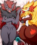  2015 2girls artist_request bed blue_eyes blush breasts canine claws curvy delphox duo eyelashes female fox fur furry hair hair_over_one_eye hand_holding inner_ear_fluff large_breasts looking_at_viewer lying mammal mofumofu multiple_girls nintendo on_back on_bed open_mouth pok&eacute;mon pokemon pokemon_(game) red_eyes shiny_skin slit_pupils smile tongue tongue_out video_games zoroark 