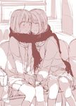  blush closed_eyes kirisawa_saki monochrome multiple_girls original scarf shared_scarf sitting smile yuri 