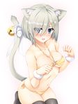  animal_ears bare_shoulders bell bikini black_legwear blue_eyes blush breasts cat_ears cleavage hair_ornament hair_over_one_eye hairclip hamakaze_(kantai_collection) highres jingle_bell kantai_collection kemonomimi_mode large_breasts looking_at_viewer moeki_yuuta open_mouth paw_pose ribbon short_hair side-tie_bikini silver_hair simple_background solo swimsuit tail tail_bell tail_ribbon thighhighs white_background yellow_bikini 