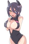  angry black_swimsuit blush breast_hold breast_lift breasts cleavage eyepatch front_zipper_swimsuit groin hair_ornament hand_on_own_chest highres kantai_collection kuromu_(underporno) large_breasts looking_at_viewer meme_attire one-piece_swimsuit open_mouth purple_hair solo swimsuit tenryuu_(kantai_collection) unzipped yellow_eyes zipper 