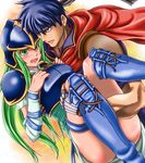  1girl armor bad_id bad_pixiv_id bandana belt blue_armor blush cape carrying commentary_request elbow_gloves fire_emblem fire_emblem:_souen_no_kiseki gloves green_eyes green_hair helmet ike long_hair nephenee piyopiyomen princess_carry 