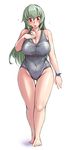  ass_visible_through_thighs bad_feet barefoot blush breasts cleavage covered_navel curvy flying_sweatdrops full_body large_breasts long_hair older one-piece_swimsuit red_eyes rozen_maiden silver_hair solo suigintou swimsuit thighs tsuda_nanafushi zipper 