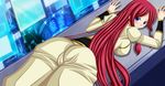  1girl arc_system_works ass backboob blazblue blue_eyes blush breasts cameltoe embarrassed female from_behind hair_tubes highres large_breasts long_hair looking_back red_hair seraphina solo tsubaki_yayoi uniform 