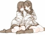  blush closed_eyes hug hug_from_behind kirisawa_saki long_hair multiple_girls original simple_background sketch smile white_background yuri 