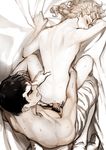  anal bed_sheet black_hair blonde_hair blush censored clothed_male_nude_male doggystyle giorno_giovanna guido_mista jojo_no_kimyou_na_bouken male_focus male_pubic_hair multiple_boys muted_color nude pointless_censoring pubic_hair sex sheet_grab shirtless yaoi zakki 