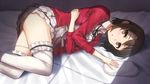  bangs beret brown_hair dress frilled_legwear garters grey_eyes hashi hat hat_removed headwear_removed highres katou_megumi looking_at_viewer lying on_bed on_side ribbon saenai_heroine_no_sodatekata short_hair solo thighhighs upskirt white_hat 