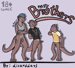  2015 anthro balls bottomless brothers clothed clothing comic cover dragon erection half-dressed horn lizardlars male penis scalie shirt sibling smile 