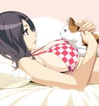  1girl black_hair bra breasts brown_eyes cat cute large_breasts lying on_back open_mouth smile solo 