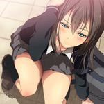  adjusting_hair bag brown_hair commentary_request from_above fukai_ryousuke green_eyes idolmaster idolmaster_cinderella_girls jewelry necklace shibuya_rin shoes skirt socks solo squatting 