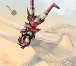  1girl armor black_hair capcom crossed_arms falling hammer helmet jhen_mohran long_hair melody_park monster monster_hunter monster_hunter_3 rathalos_(armor) sand tagme weapon 