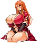  blush breasts cleavage covered_nipples cropped_legs gigantic_breasts long_hair maou_(maoyuu) maoyuu_maou_yuusha open_clothes orange_hair perky_breasts red_eyes sachito simple_background sitting solo sweatdrop thick_thighs thighs white_background 