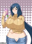  abstract_background aqua_eyes artist_name blue_hair blush breast_hold breasts cellphone curvy denim devil-v g-string gundam gundam_build_fighters haro huge_breasts impossible_clothes impossible_sweater iori_rinko jeans long_hair lying milf on_back panties pants phone ponytail ribbed_sweater smile solo string_panties sweater sweater_lift thick_thighs thong underwear unzipped very_long_hair white_panties wide_hips 