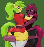  2015 animal_genitalia anthro balls big_balls charlotte clothing colored dickgirl dickgirl/female duo equine erection fan_character female freckles green_background green_hair hair half-closed_eyes horn horse horsecock intersex intersex/female legwear licking licking_lips mammal mango_(character) my_little_pony panties penis phurie plain_background pony rinku smile thigh_highs tongue tongue_out underwear unicorn vein 