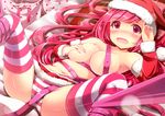  akine_(kuroyuri) areolae bangs bdsm bed_sheet blush bondage bound breast_hold breasts covered_nipples detached_sleeves fur_trim hat large_breasts long_hair lying navel on_back open_mouth panties pink_eyes pink_hair rasis ribbon ribbon_bondage santa_hat solo sound_voltex spread_legs striped striped_legwear striped_panties thighhighs topless underwear 