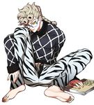  animal_print argyle argyle_sweater barefoot bespectacled book cosplay giorno_giovanna glasses guido_mista guido_mista_(cosplay) jojo_no_kimyou_na_bouken lipstick makeup male_focus nail_polish solo sweater tiger_print toenail_polish yellow_lipstick zakki 