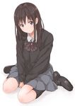  black_legwear blush full_body kirisawa_saki kneehighs loafers long_hair looking_at_viewer original school_uniform shoes simple_background sitting skirt solo wariza white_background 