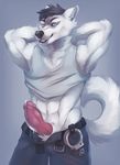  2015 abs angelbites anthro balls belt blue_eyes clothing cuffs fur knot looking_at_viewer male muscles pants pecs penis precum shirt smirk solo white_fur white_wolf 