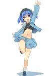  arm_up blue_eyes blue_hair full_body hair_bobbles hair_ornament hasebe_yuusaku hat jewelry kawashiro_nitori key long_sleeves looking_at_viewer midriff navel necklace shirt shoes short_hair simple_background skirt smile socks solo standing touhou two_side_up vest white_background white_legwear 
