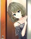  bare_shoulders blue_eyes blush brown_hair collarbone fringe_trim green_eyes heterochromia highres idolmaster idolmaster_cinderella_girls infinote looking_at_viewer mole mole_under_eye short_hair smile solo takagaki_kaede 