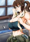  armpits bangs black_bra black_hair blue_eyes blush bol_(liliymimi) bra breasts bursting_breasts cleavage clothes_around_waist cloud cowboy_shot day faucet from_side hair_between_eyes high_ponytail highres hips huge_breasts jacket_around_waist langlade_(milihime_taisen) looking_at_viewer midriff milihime_taisen navel parted_lips ponytail scrunchie short_hair short_ponytail sink sky solo sports_bra strap_gap sweat taut_clothes toned towel towel_around_neck underwear window 