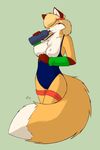  2015 arm_warmers big_breasts bottle breasts canine clothing exposed exposed_breasts female fluffy_tail fox fur hair hairband leotard looking_at_viewer mammal orange_fur smile solo starfighter white_fur 