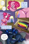  2015 anthro anthrofied barefoot big_breasts blue_eyes blue_hair blush breasts chubby cutie_mark dialogue dildo duo earth_pony english_text equine female female/female friendship_is_magic hair half-closed_eyes horn horse long_hair mammal my_little_pony navel nipples pink_hair pinkie_pie_(mlp) pony princess_luna_(mlp) pussy sanders sex_toy spread_legs spreading text winged_unicorn wings 