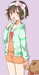  antenna_hair black_hair headband hood hoodie idolmaster idolmaster_(classic) kikuchi_makoto looking_at_viewer loungewear mcyu open_clothes open_hoodie purple_eyes short_hair simple_background yawning 