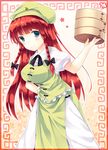  ajiriko bad_id bad_pixiv_id bamboo_steamer banned_artist blush bow braid bucket green_eyes hair_bow hat highres hong_meiling long_hair red_hair smile touhou twin_braids 