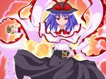  belt bow crossover frills hat hat_bow henshin henshin_pose kamen_rider kamen_rider_ixa kamen_rider_kiva_(series) nagae_iku parody pose purple_hair red_eyes shawl touhou tsukushi_(741789) 