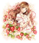  bracelet brown_eyes brown_hair dress earrings food fruit hagiwara_rin hair_ornament hair_ribbon jewelry long_hair looking_at_viewer md5_mismatch necklace open_mouth original puffy_short_sleeves puffy_sleeves ribbon short_sleeves smile solo strawberry very_long_hair white_dress 