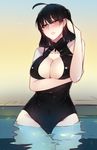  adjusting_hair ahoge black_hair blush breast_hold breasts cleavage cleavage_cutout covered_navel cowboy_shot earrings front_zipper_swimsuit glasses half-closed_eyes highres jewelry kairos+ large_breasts meme_attire one-piece_swimsuit original parted_lips solo swimsuit unzipped wading water yellow_eyes 