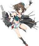  banned_artist blue_eyes breasts brown_hair cannon choker cleavage gloves hat kantai_collection looking_at_viewer maya_(kantai_collection) medium_breasts navel official_art paseri remodel_(kantai_collection) school_uniform short_hair skirt smile socks solo 