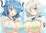  aqua_eyes blush bra breasts cover cover_page covered_nipples doujin_cover gloves hamakaze_(kantai_collection) hat kantai_collection kishi_nisen large_breasts looking_at_viewer multiple_girls school_uniform serafuku shirt_lift underwear urakaze_(kantai_collection) white_gloves white_hat yellow_neckwear 