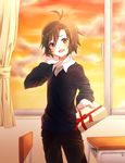  androgynous antenna_hair ayumi_(as0206) black_hair box classroom cloud cloudy_sky desk gift gift_box idolmaster idolmaster_(classic) kikuchi_makoto looking_at_viewer open_mouth school_desk short_hair sky smile sunset sweater 